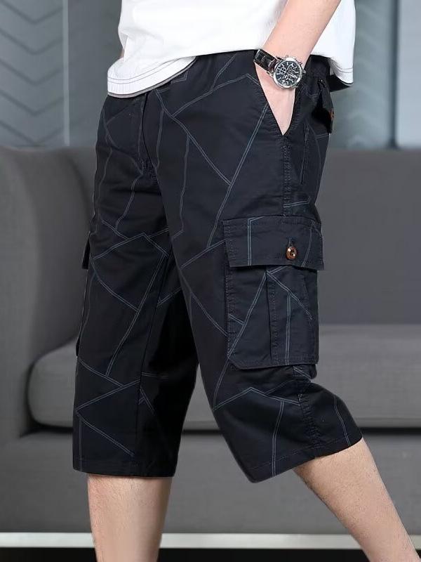 Men's Summer Striped Over-the-Knee Cargo Shorts with Multi-Pockets