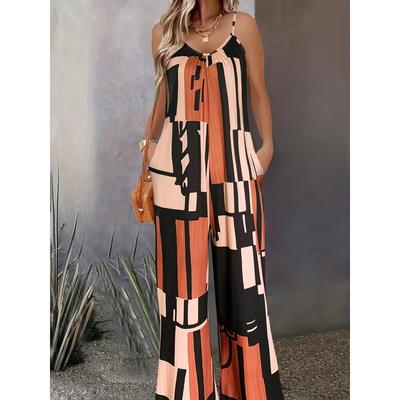 Geo Print Spaghetti Strap Jumpsuit, Casual Sleeveless Wide Leg Dual Pockets Jumpsuit For Spring & Summer