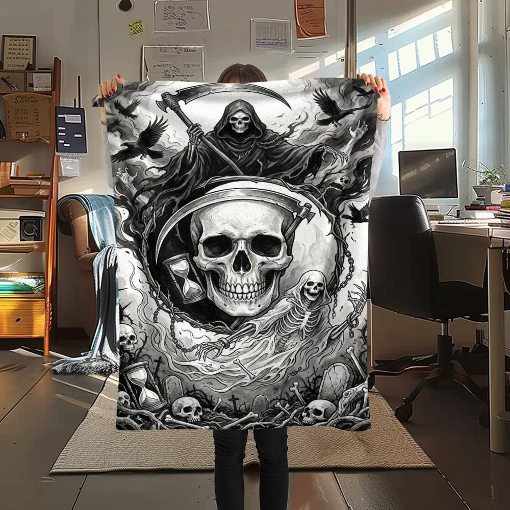 1Pc Death Print Flannel Blanket, High quality Comfortable for All Seasons, Home Decor, Warmth and Comfort, Perfect for Christmas Gifts W155