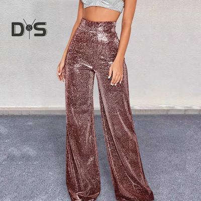 Women Wide Leg Trousers with Hot Stamping Design Glossy Long Pants Clubs Performances Zipper Closure Glitter Pants