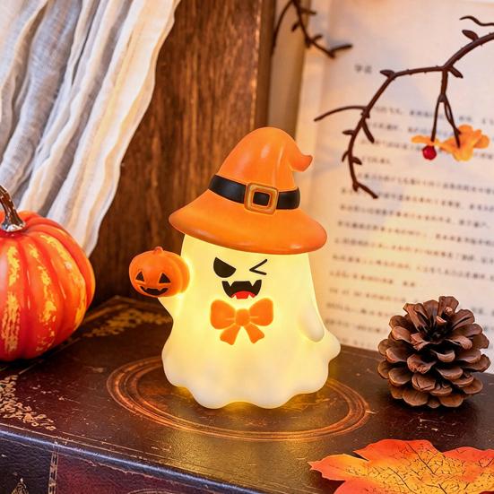 Safe Flameless Candle Cute Halloween Ghost/Pumpkin LED Night Light for Desktop Decoration, Battery Operated Table Lamp Nursery with Warm
