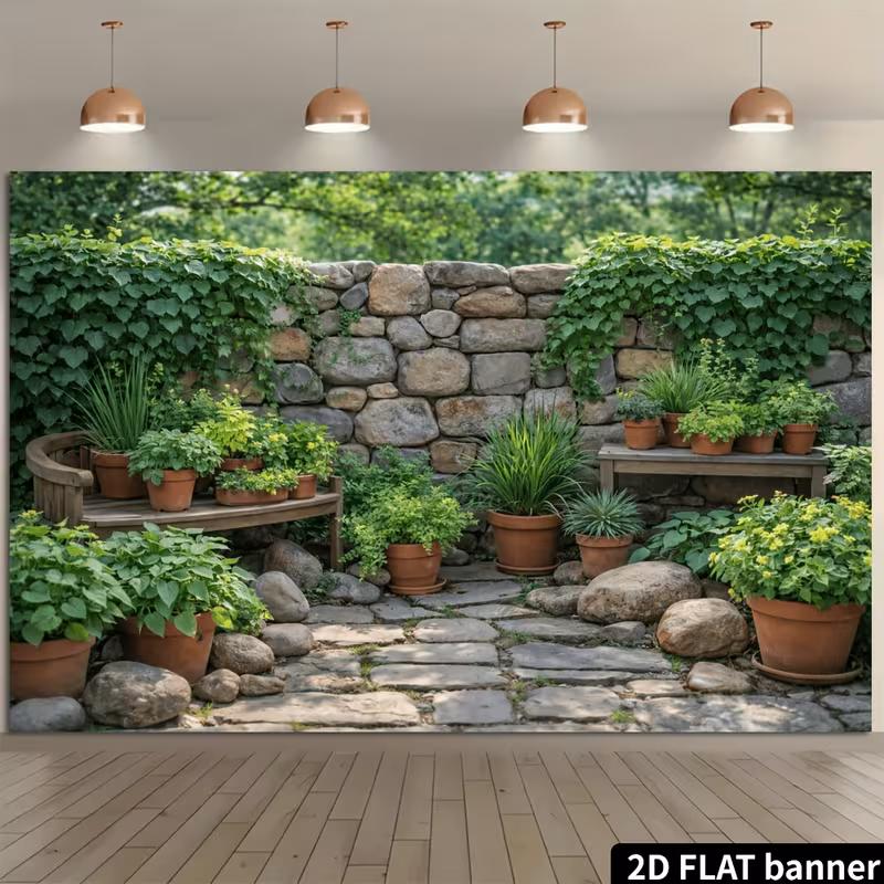 2D Stone Wall Courtyard Photography Background for Outdoor Decor