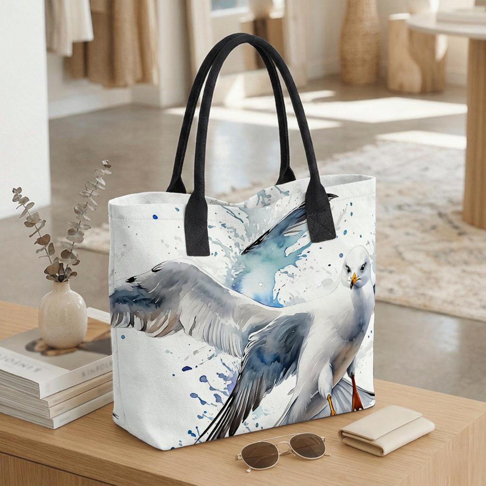 Watercolor Seagull Print Canvas Tote Bag Daily Casual Large Capacity Shoulder Handbag For Shopping Travel