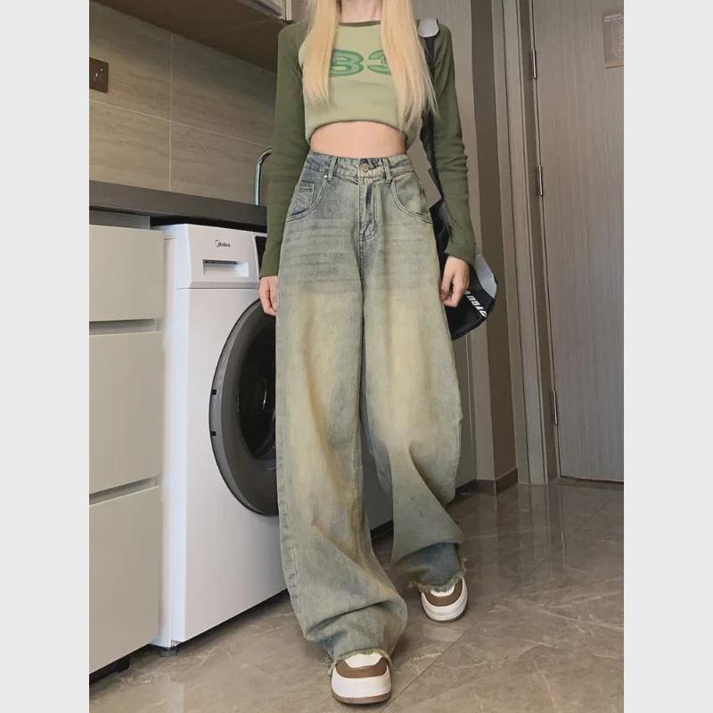 Damskie dżinsy retro z wysokim stanem, szerokimi nogawkami w amerykańskim stylu, z efektem postarzenia - mały rozmiar, luźny prosty krój, surowe wykończenie, idealne na jesień.