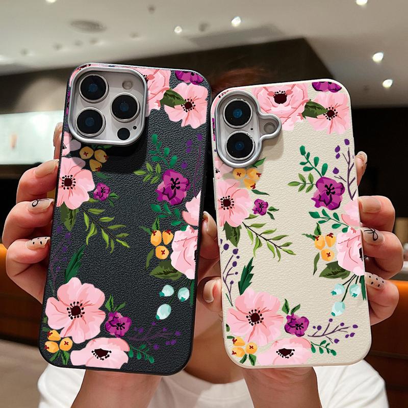Floral Pattern Leather Texture Soft TPU Case For iPhone 16 15 14 Pro Max 15 Plus 12 13 Pro Max 11 Flowers Shockproof Phone Cover