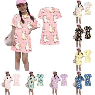 Girls Loose Fit Short Sleeve Dress Lightweight Round Neck Casual Animal Print Summer Dress for Kids Comfortable Daily Wear