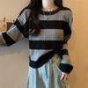 Korean Contrasting Round Neck Striped Long Sleeved Knitted Sweater Women's Autumn and Winter Slimming Loose Fitting Pullover Short Top