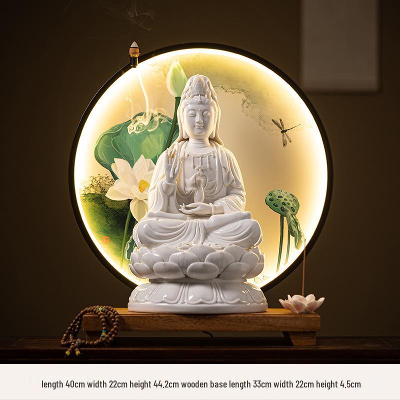 White Ceramic Lotus Guanyin Buddha Statue Incense Burner with Lamp for Home Decor