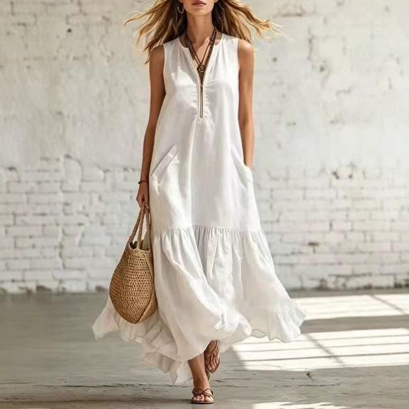 Summer new European and American ruffle edge sleeveless fashion dress vacation style loose casual dress