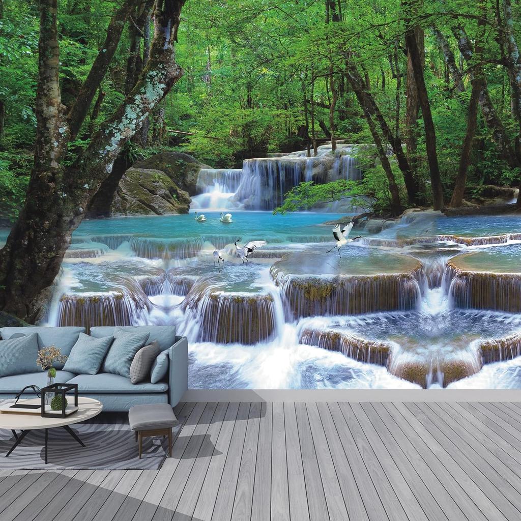 Waterfalls Wall Mural Forest Green Plant Wallpaper Natural Landscape Mural For Bedroom Living Room Wall Murals