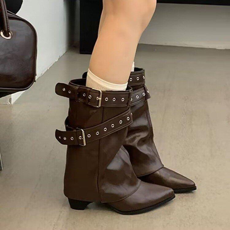 Cowhide version~ Spice Girls Pants Short Boots Women's Coarse Heel Maillard Medium Boots Temperament Pointed Skinny Knight Martin Boots