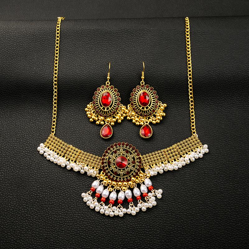 Metal Rose Necklace, Exotic Retro Ruby Earrings, Fashionable Literary Tassel Set