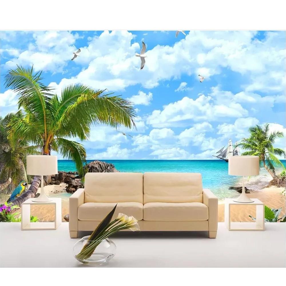 Blue Sky White Clouds Seascape Coconut Trees Decor Living Room 3d Wall Murals Wallpaper