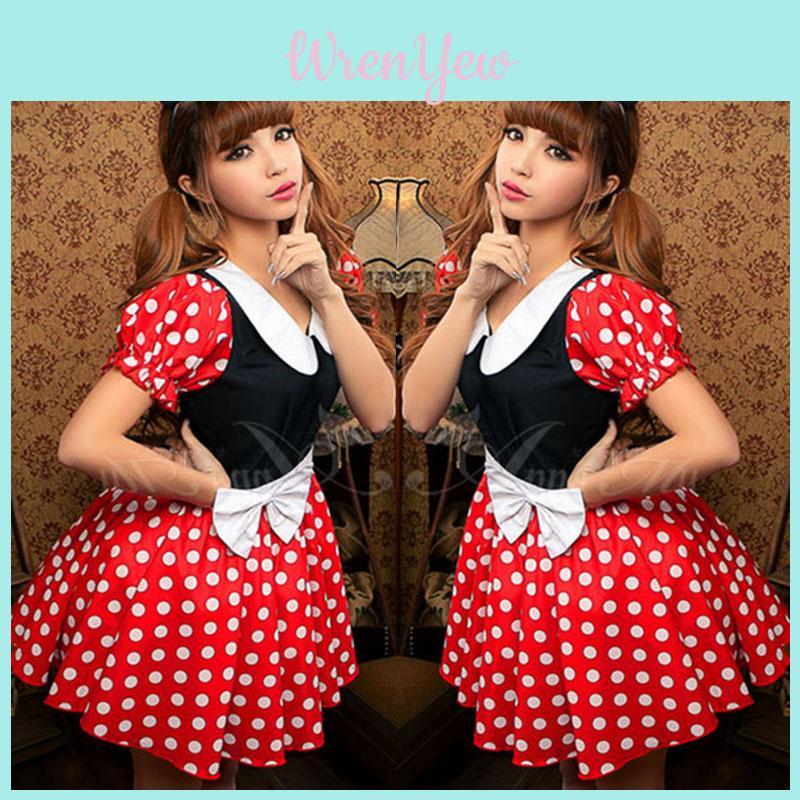 Charming Breathable Minnie Mouse Costume For Women In Red And Black Spandex