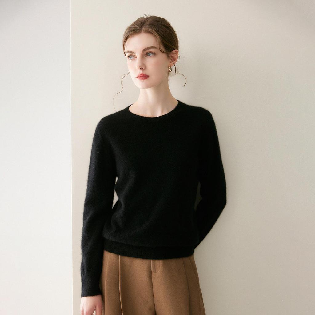 Women's Versatile 100% Cashmere Sweater – Round Neck, Loose Knit Base Layer for Autumn/Winter