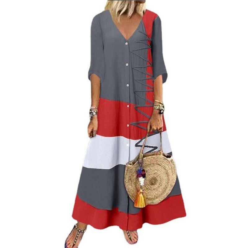 

Short-Sleeve V-neck Dress Short sleeve Print Long Dress Button V-neck Dress Women Gray 5XL