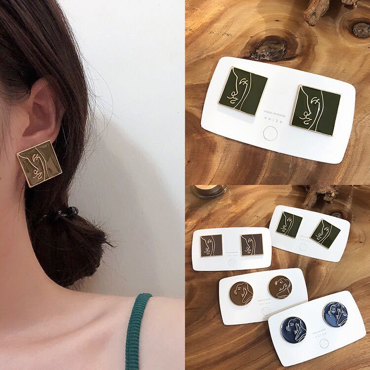 Personalized Color Dripping Oil Round Face Stud Earrings Geometric Square Men's and Women's Avatars Funny Abstract Earrings