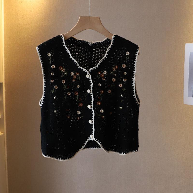 Spring Korean Style Women's Forest Style Three-dimensional Small Flower Embroidery Vest Knitted Cardigan