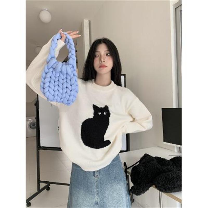 Koreansk stil Dam Kort Pullover Stickad Tröja Höst och Vinter Retro Lös Topp