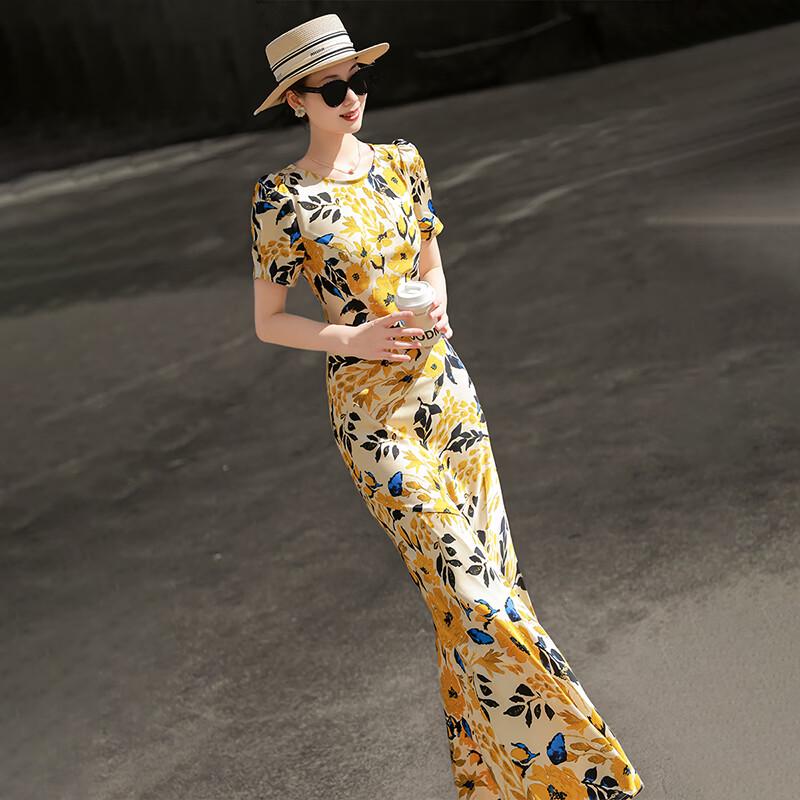Lanse er 2026 Summer French Style Oblique Cut Floral Print Midi Dress L