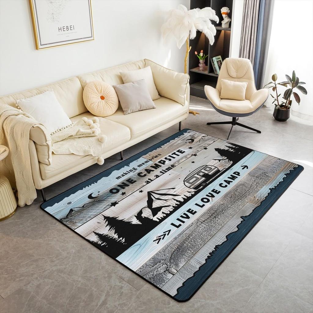 Outdoor Camping Themed Rug, Cartoon Campfire & Wood Non-Slip Floor Mat for Kids Bedroom Playroom Nursery Decor Carpet