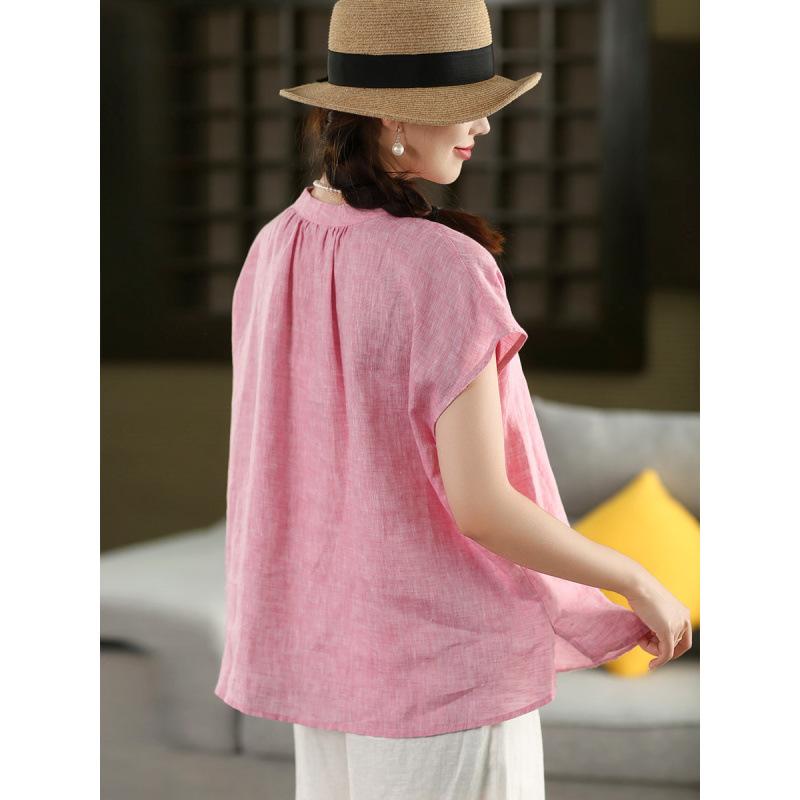 1116 Camicia in Lino Filato Industria Pesante Vintage Femminilità Collo Rialzato Camicia a Maniche Corte Monopetto Top