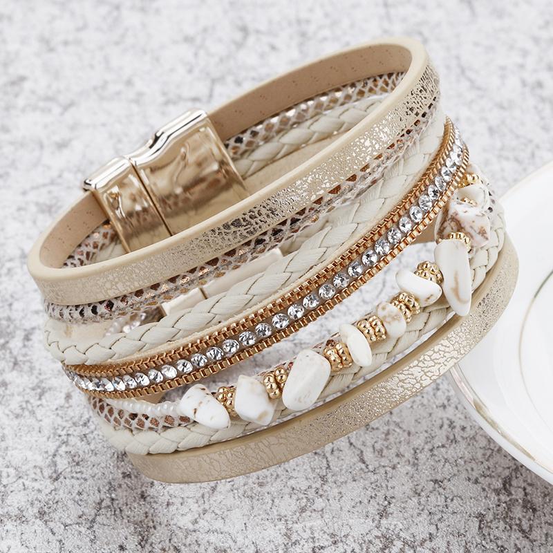 Stone Leather Bracelet for Women Retro Multilayer Crystal Snake Skin Wide Bangles Jewelry Gifts