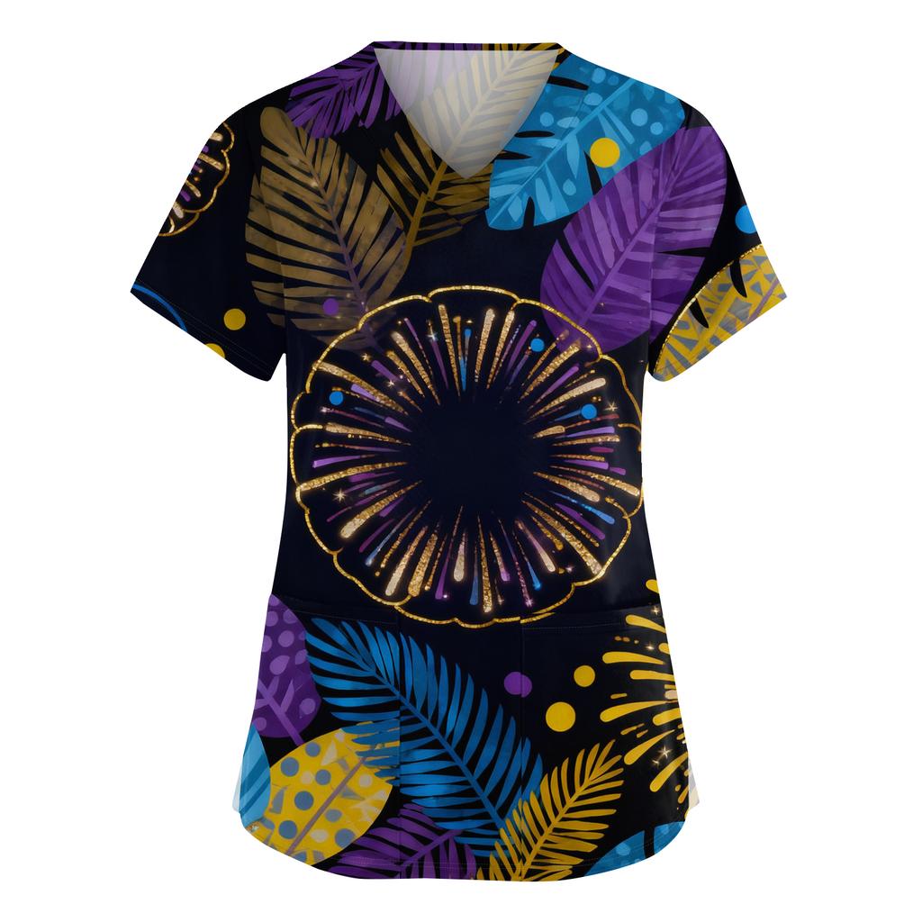 Women's Fashionable V-neck Workwear Printed Short Sleeved Pocket Side Slit Workwear Basic Pullover Top