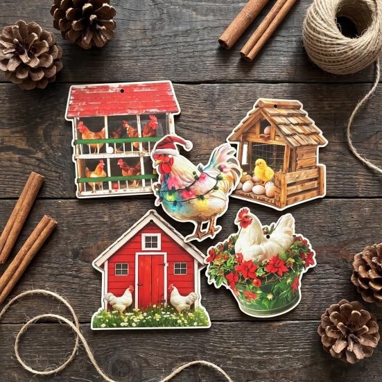 Christmas Gift Embellishments 10/20/30Pcs 2D Flat Farmhouse Chicken Wooden Hanging Ornament, Rooster Hen Coop Barn Barnyard Theme Charms Farm Pendants