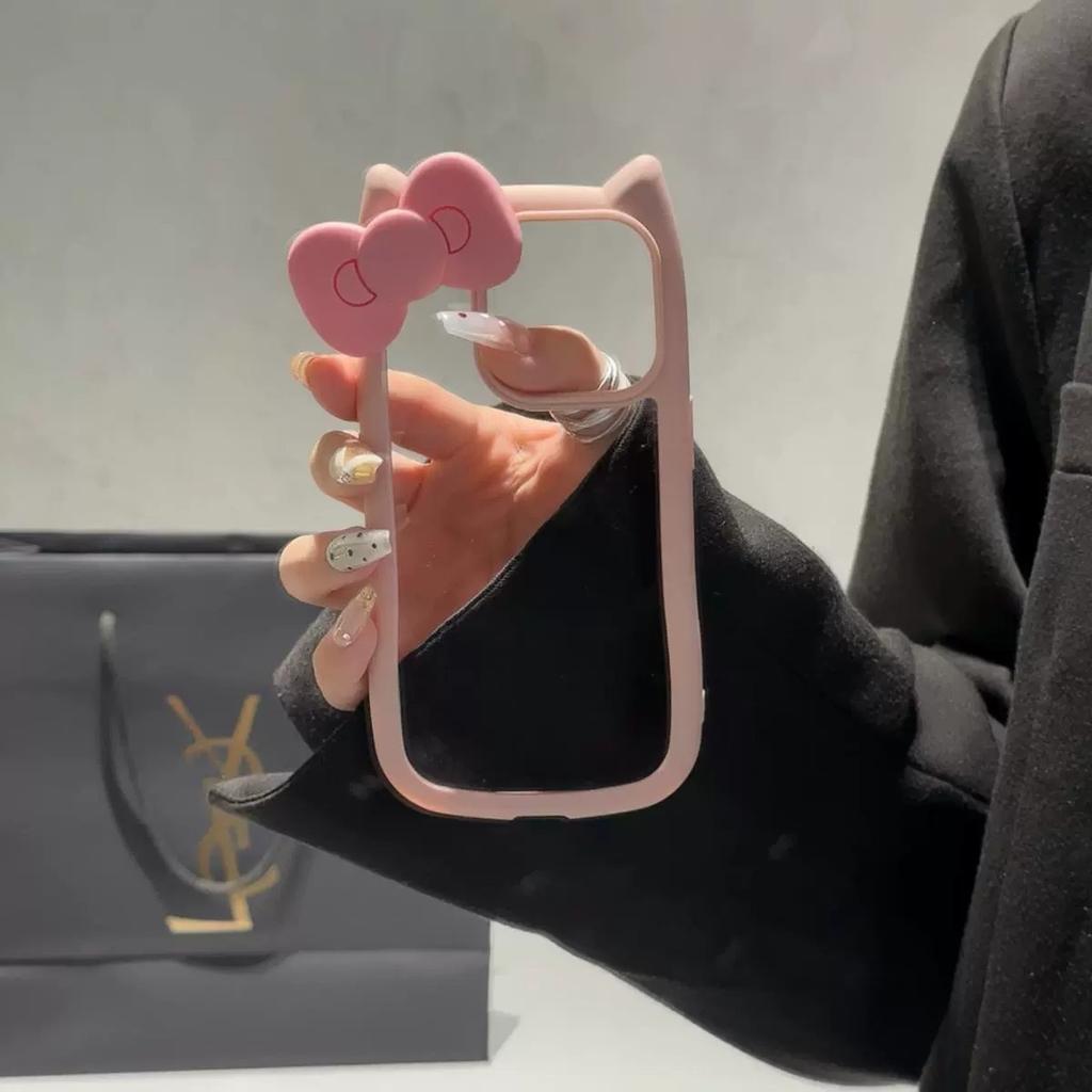 Custodia carina con orecchie da gatto in silicone con fiocco per iPhone 16 Plus 15 14ProMax 13 12 11 Trasparente Antiurto Rigida Acrilico Bumper Cover Posteriore