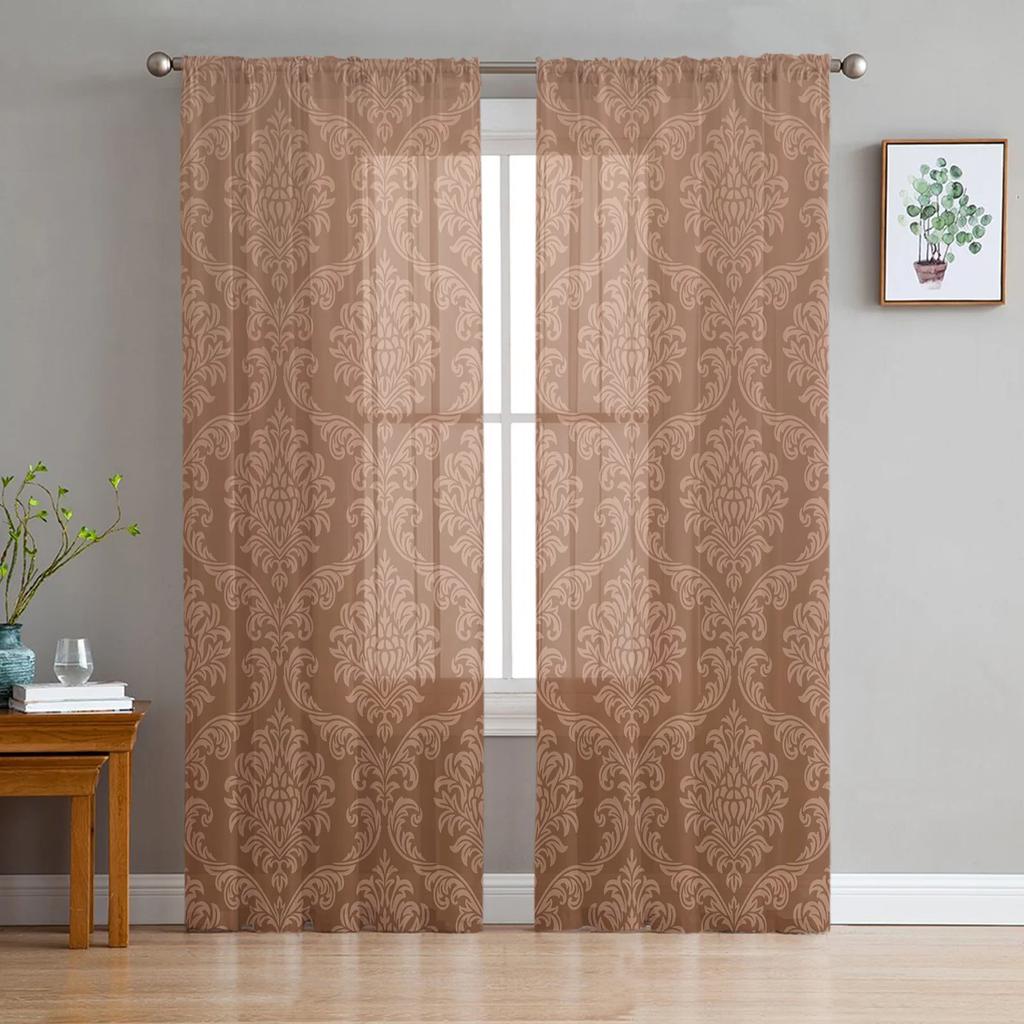 Artistic Beige Baroque Retro Flowers Voile Curtains Window Treatment Chiffon Tulle Curtain Kitchen Living Room Bedroom Light Filtering For Great