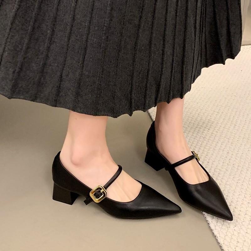 

Дизайнерские весенне-осенние кожаные туфли с острым носком, женские туфли-лодочки на невысоком каблуке, женские туфли в уличном стиле Мэри Джейн 40 чёрный