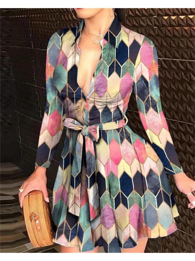 Summer New Women's Long Sleeve V-Neck Tied Fashionable Sexy Printed Dress