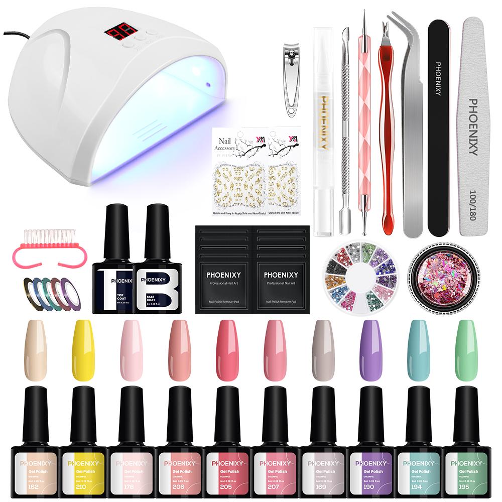 

Набор гель-лаков PHOENIXY, 8 мл, набор гибридных лаков чистого цвета с УФ-светодиодной лампой 36 Вт, сушилка для ногтей, набор инструментов для дизайна ногтей, базовое верхнее покрытие, стартовый набор для гель-лаков