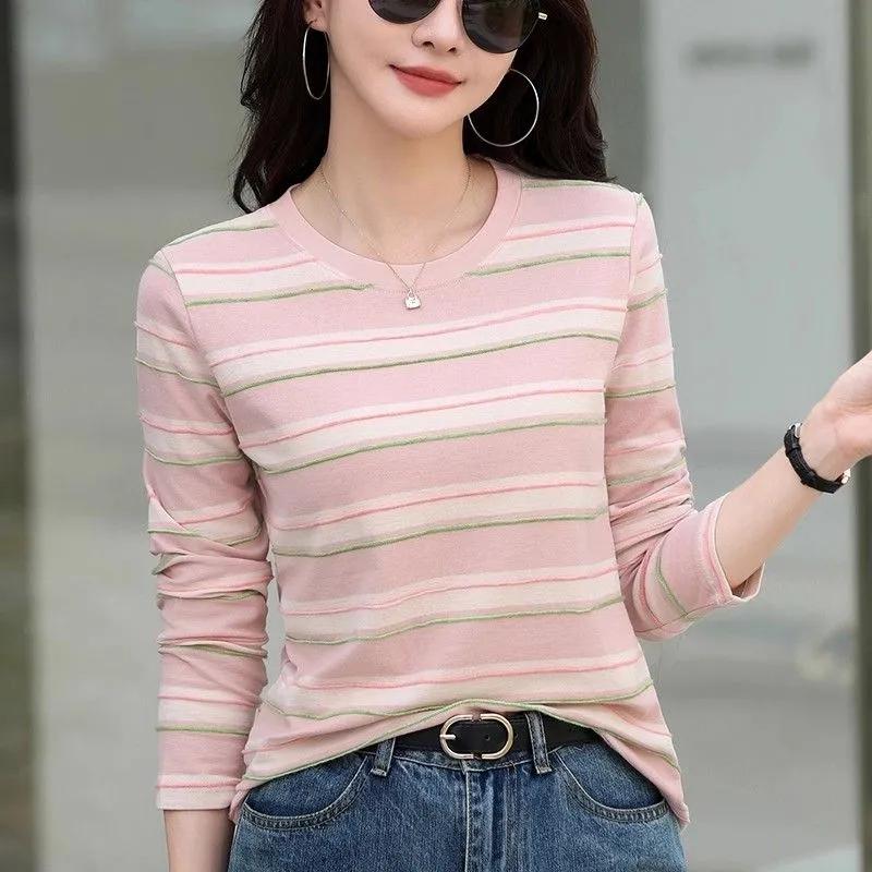 Women Pink Green Striped Crew Neck Long Sleeve Slim Fit T Shirt L розовый