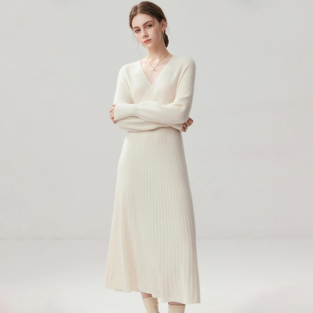 Women's Cashmere V-Neck Ribbed Waist Long Dress - Autumn/Winter Collection