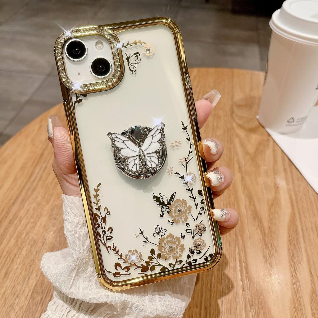 Applicable To Apple 15ProMax Phone Case, IPhone14 Electroplated Butterfly Ring Stand, Lens Flash Diamond Protective Case