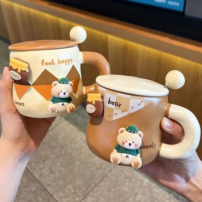 Honungsbjörn Mugg Förtjockad Keramik med Lock och Sked Kaffekopp 3D Magnetisk Löstagbar Adsorption Hängare Drickware