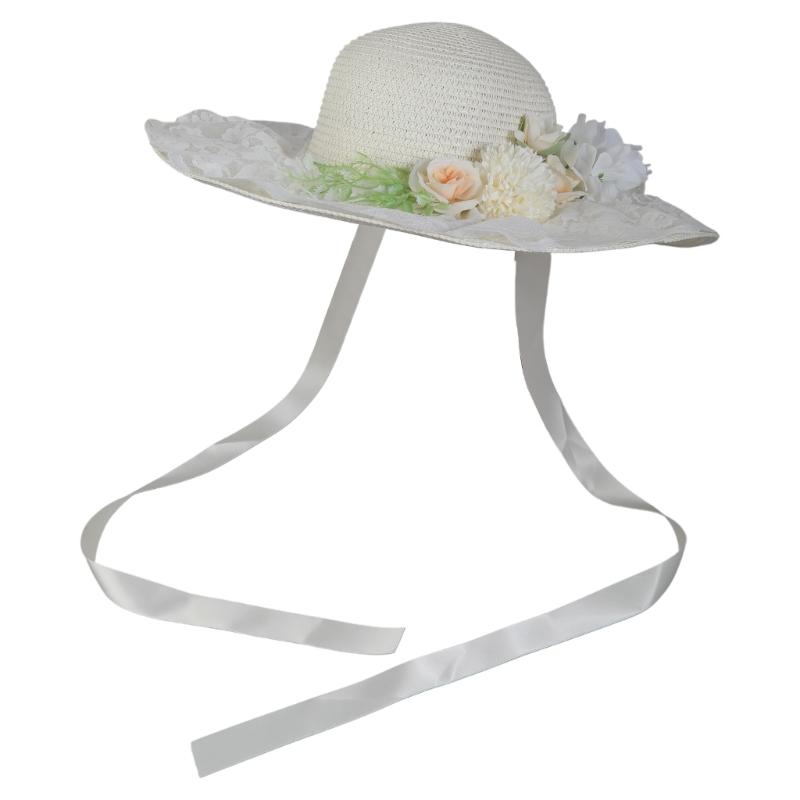 Flower Bonnet Hat Sun Protective Hat for Girl French Handwoven Straw Hat Lace Picnics Hat Vintage Panama Hat