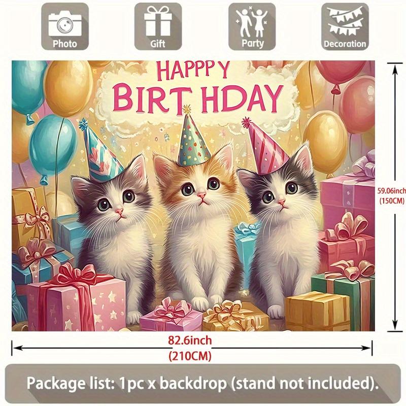 Party Backdrop Kittens Adorable Trio Balloons Festive Celebrations Photo Booth Decor Birthday Party Decor