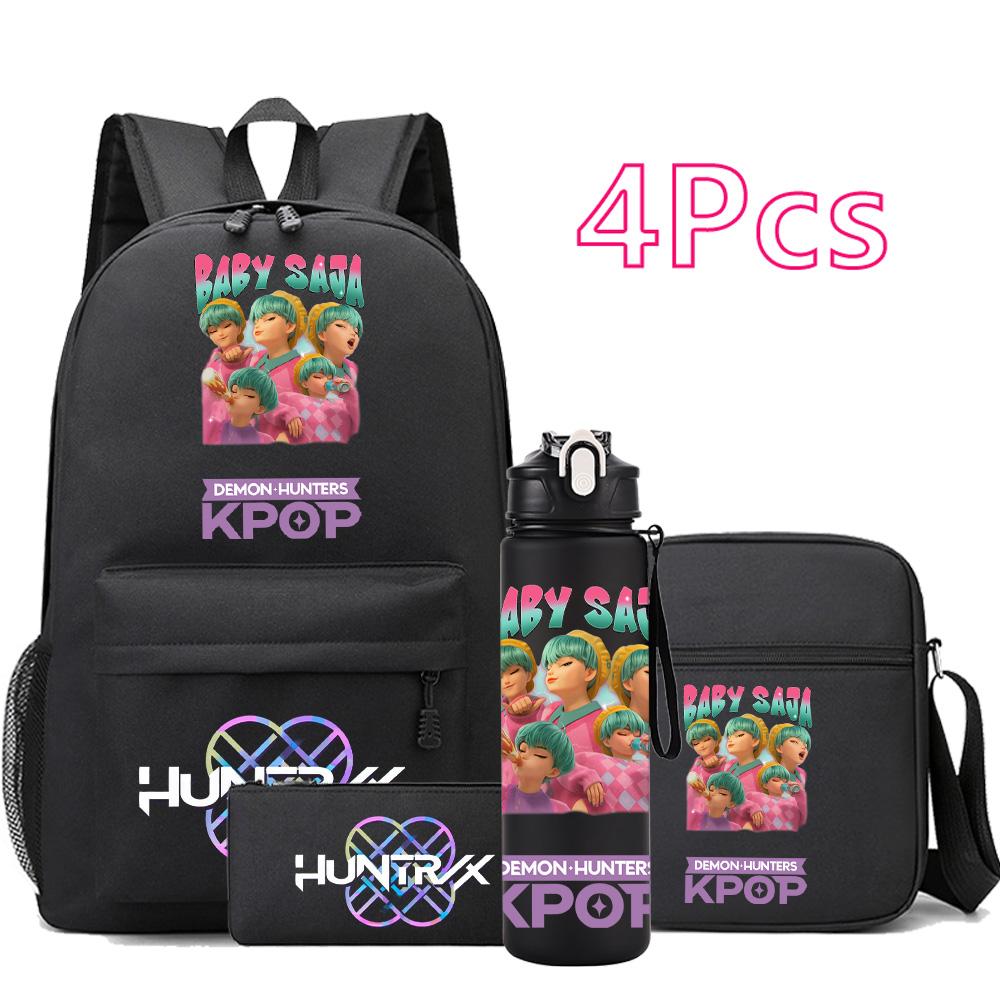 

4Pcs/set Anime Cartoon K-Pop Printed Backpack with 750Ml Water Bottler for Teenager Student Girl Boy Bookbag Kid Gift Large Capacity Travel Bag