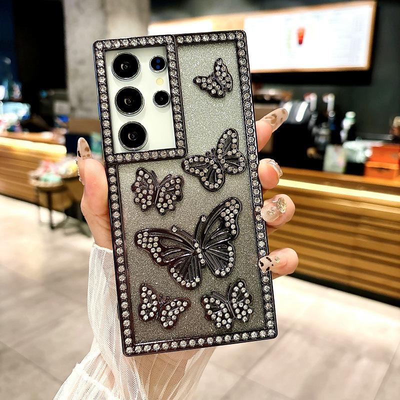 Gradient Glitter Powder Three Dimensional Butterfly Suitable for Samsung S25 Mobile Phone Case S24ultra Flash Diamond A14 A26 Protective Case