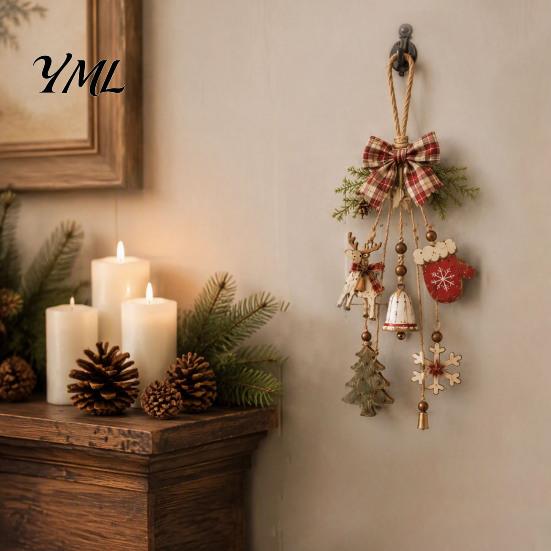 Vintage Retro Home Hanging Accents Rustic Christmas Wooden Pendant with LED Lights, Lighted Snowflake Gloves Tree And Reindeer Decorative Ornaments