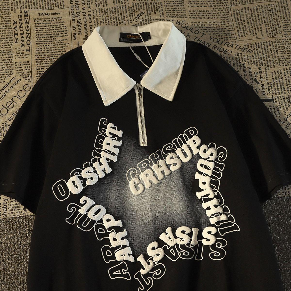 

Рубашка-поло в американском стиле, мужская рубашка-поло с короткими рукавами, летняя брендовая футболка с буквенным принтом и звездным дизайном, нишевые топы для пар XL чёрный