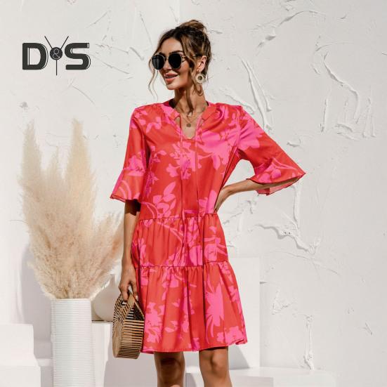 Women's Summer Mini Dress Puff Short Sleeve V Neck Pleated Dress Boho Printed A-Line Short Dress Beach Vacation Tiered Flowy Sundress