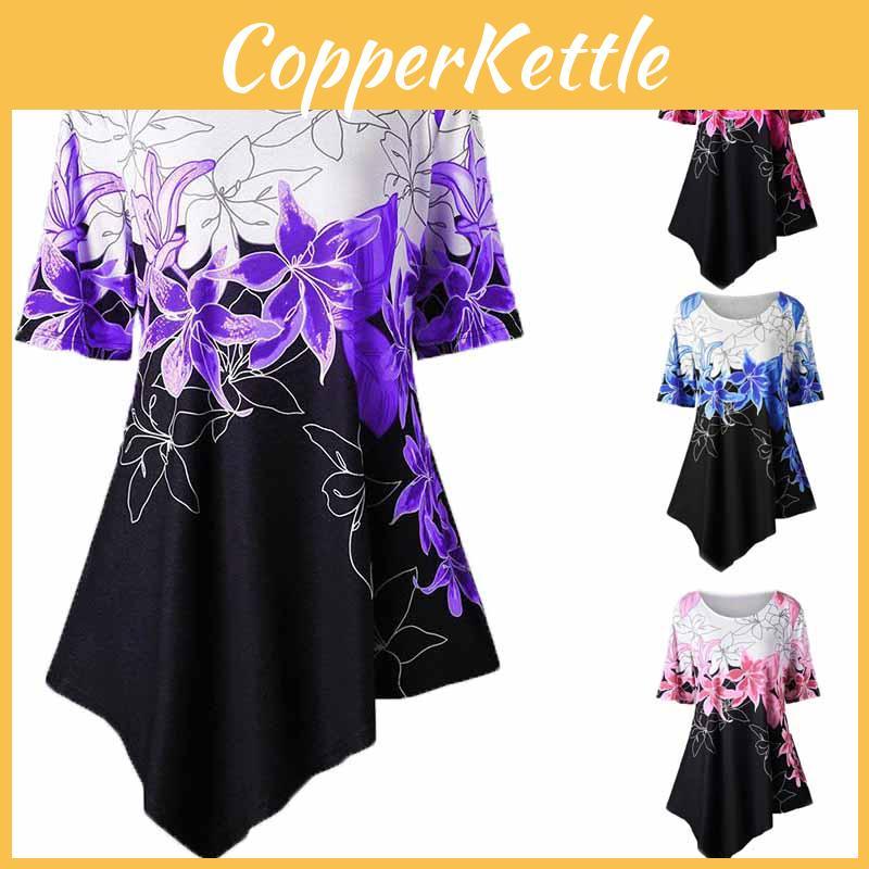 Fashionable Women Ladies Asymmetric Hem Floral Print T-shirt Tunic Tops For All Sizes