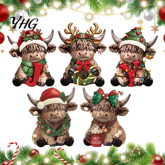 Retro Cartoon Style Ornaments 2/3Pcs Christmas Highland Cow Wooden Tabletop Sign, 2D Flat Yak Indoor Holiday Scene Decorations Figurine Ornament with