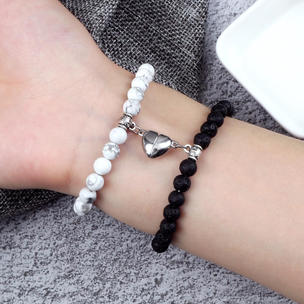 2Pcs/Set Couple Magnet Heart Shape Pendant Bracelets 6MM Malachite Tiger Eye Bangles Love Relationship Pulsera Jewelry Gift New