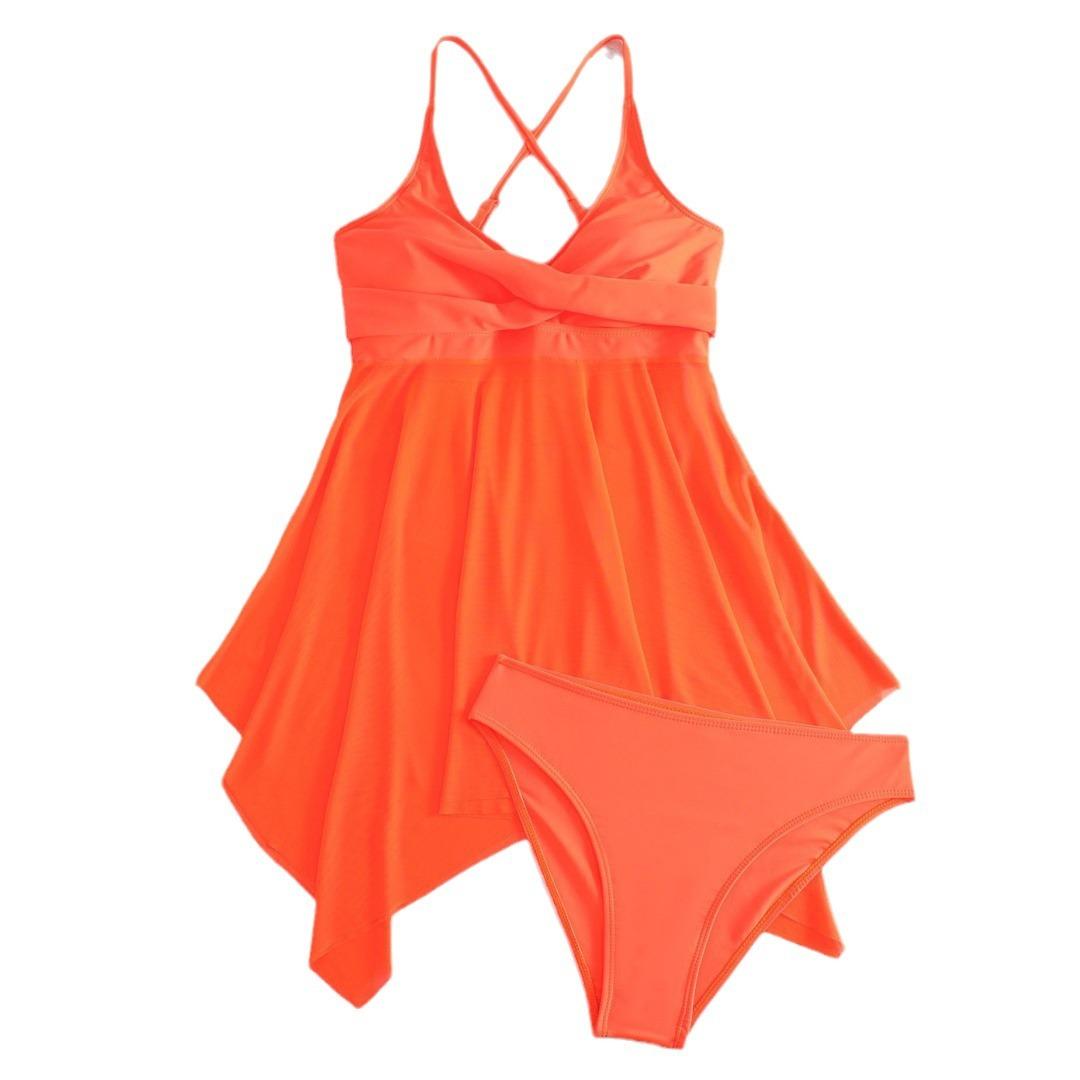 

Женская мода, сексуальный сетчатый купальник из двух частей, мягкий передний купальник с крестом и открытой спиной, однотонные трусы, комплект купального костюма большого размера, танкини, купальный костюм L оранжевый