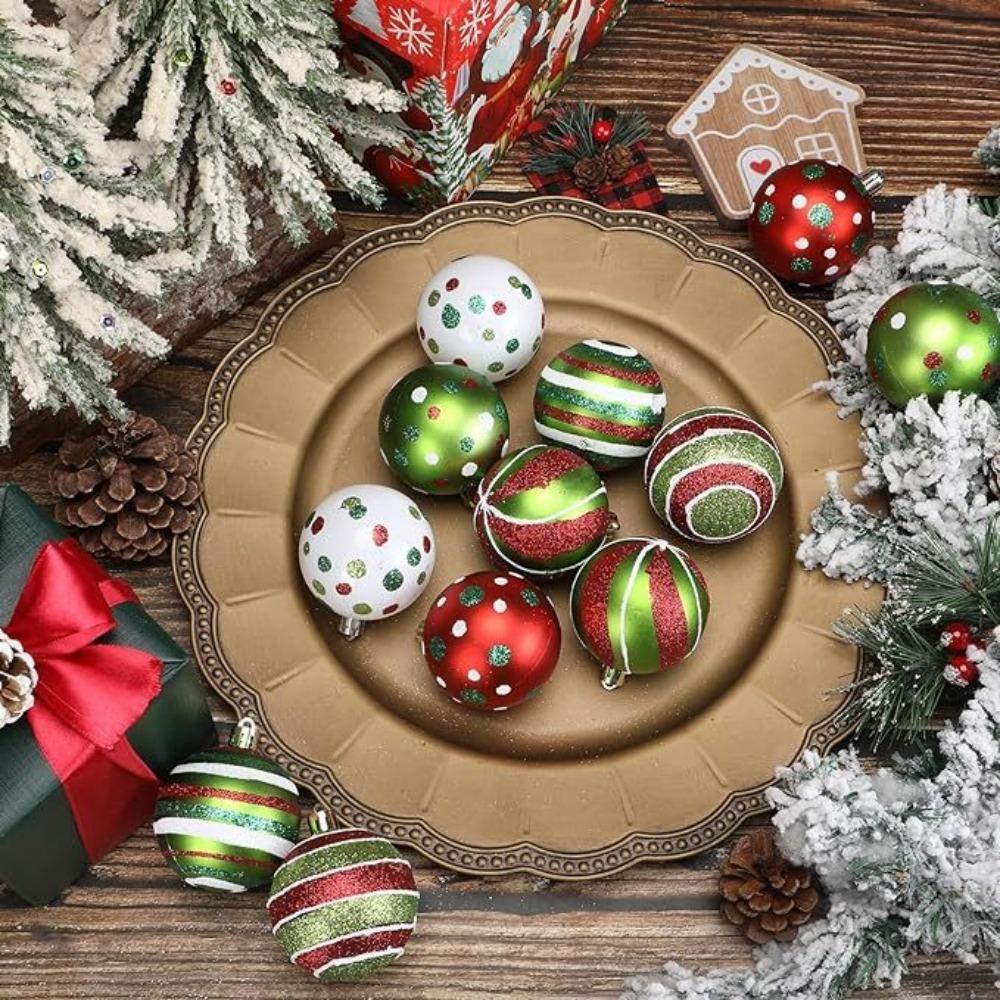 12pcs New Glittering Christmas Balls Ornament Hanging 2.4 Inch Swirl Elf Balls Red Green Plastic Christmas Baubles Holiday Decor